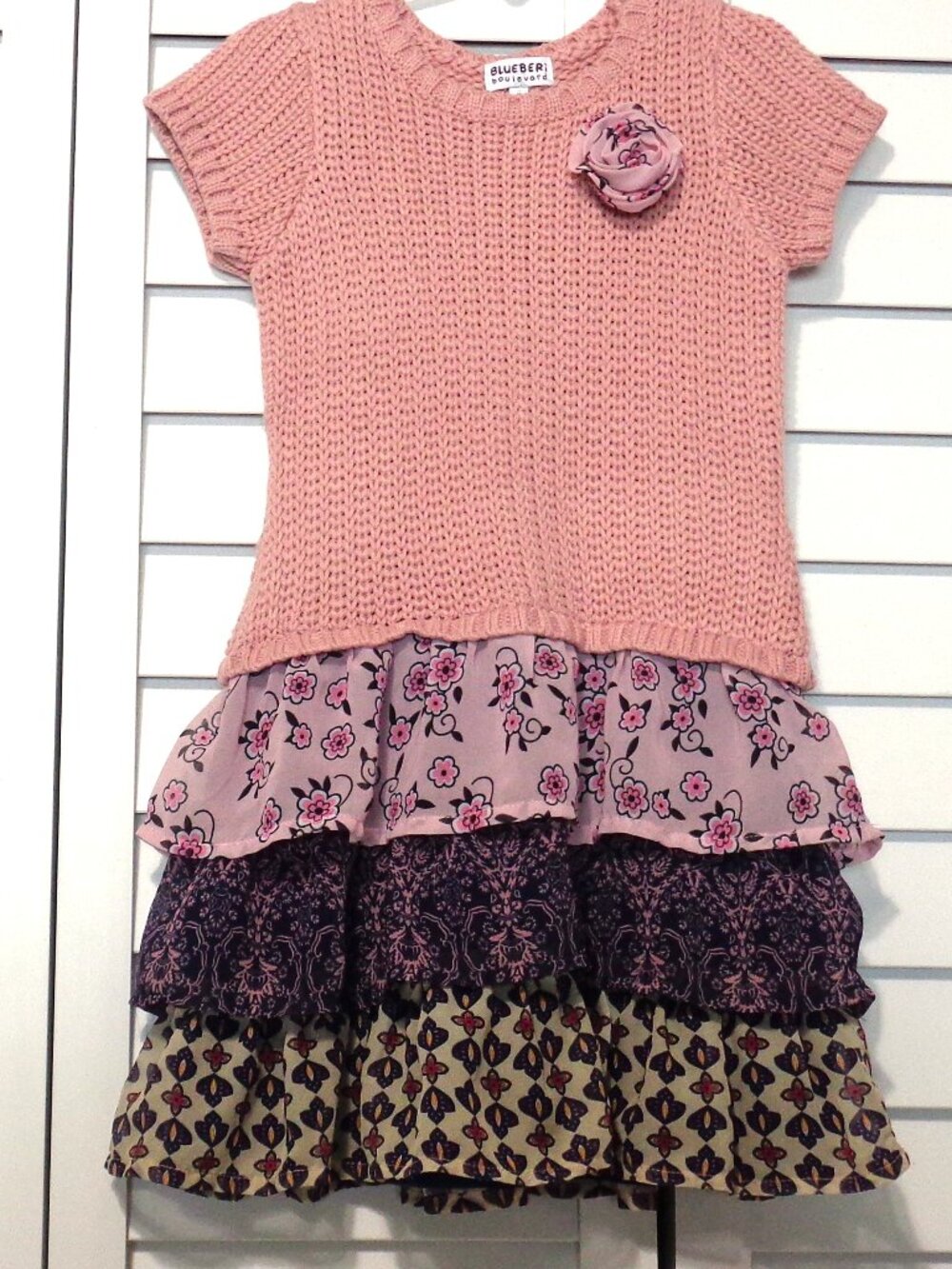 BLUEBERI BOULEVARD MAUVE KNITTED & FLORAL RUFFLE DRESS GIRLS SIZE 6